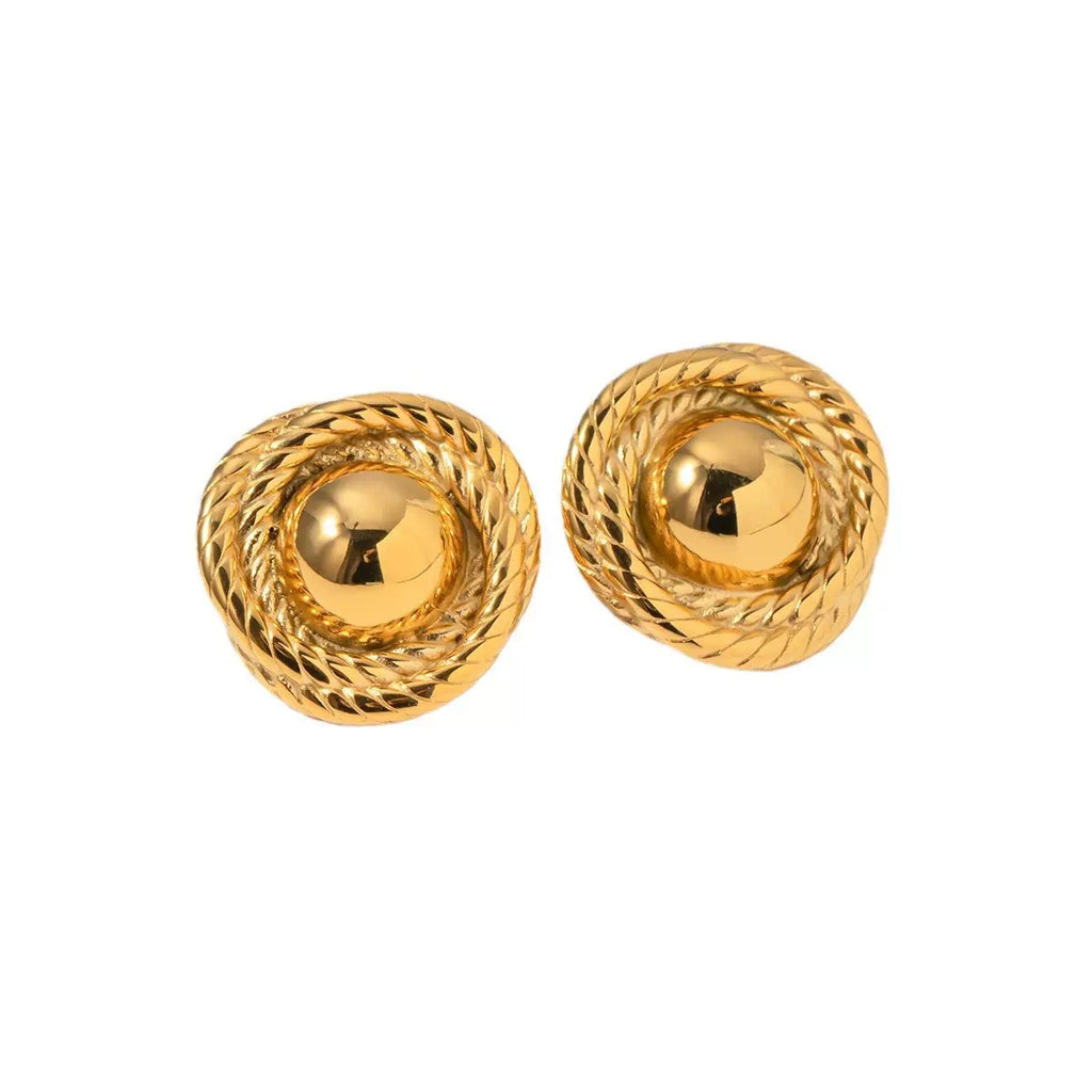 Vintage Gold Button Stud Earrings, Textured Rope Knot Earrings, Statement Gold Earrings, Retro Chunky Jewelry, Elegant Gift for Women