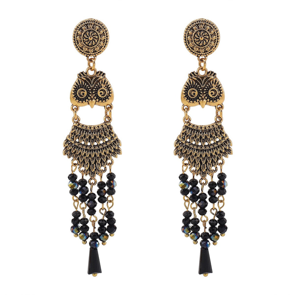 Owl Dangle Earrings, Vintage Silver Statement Earrings, Gothic Boho Tassel Earrings, Black Beaded Chandelier Earrings, Unique Gift for Womenjiu