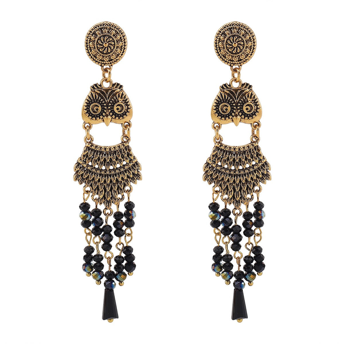 Owl Dangle Earrings, Vintage Silver Statement Earrings, Gothic Boho Tassel Earrings, Black Beaded Chandelier Earrings, Unique Gift for Womenjiu