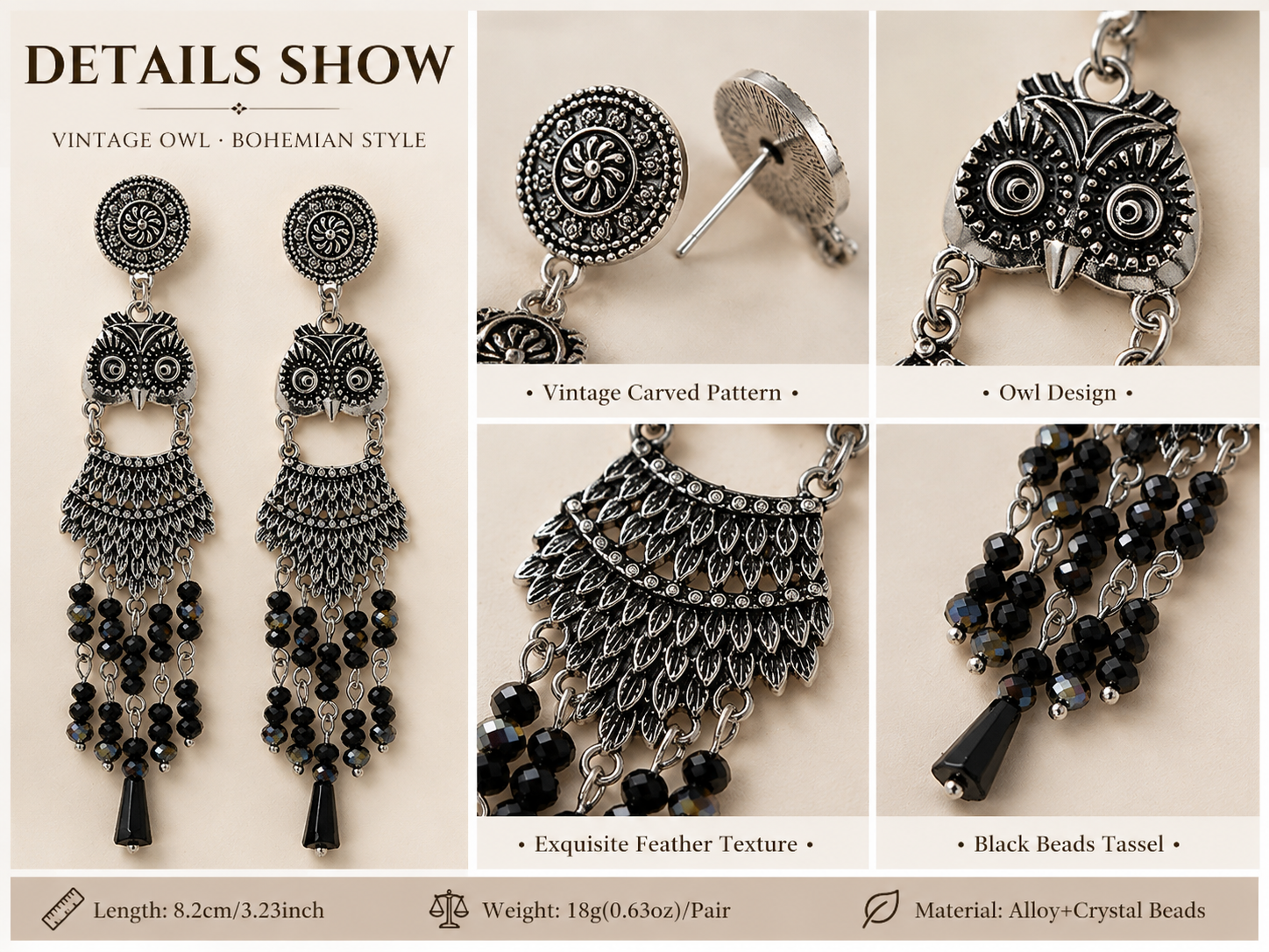 Owl Dangle Earrings, Vintage Silver Statement Earrings, Gothic Boho Tassel Earrings, Black Beaded Chandelier Earrings, Unique Gift for Womenjiu