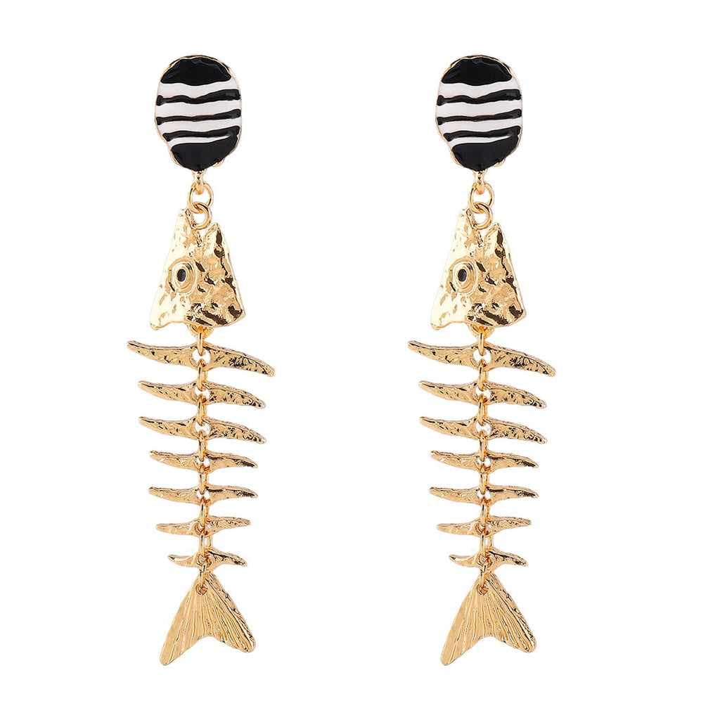 Gold Fishbone Dangle Earrings, Boho Statement Earrings, Black White Striped Stud Earrings, Coastal Beach Jewelry, Unique Gift for Women