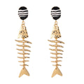 Gold Fishbone Dangle Earrings, Boho Statement Earrings, Black White Striped Stud Earrings, Coastal Beach Jewelry, Unique Gift for Women