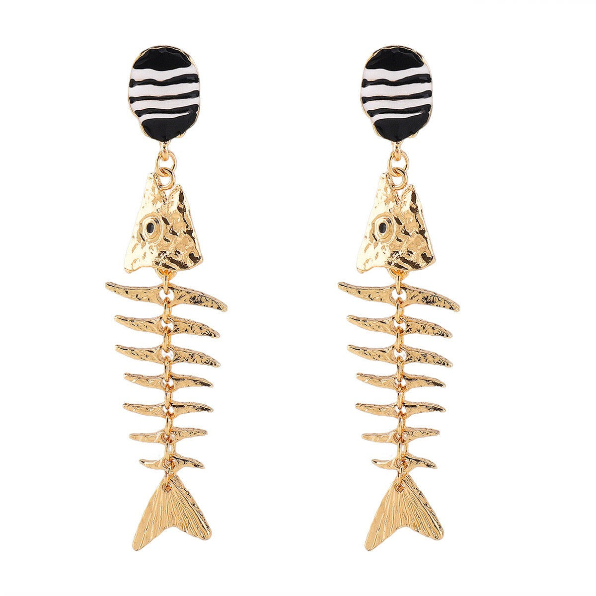 Gold Fishbone Dangle Earrings, Boho Statement Earrings, Black White Striped Stud Earrings, Coastal Beach Jewelry, Unique Gift for Women