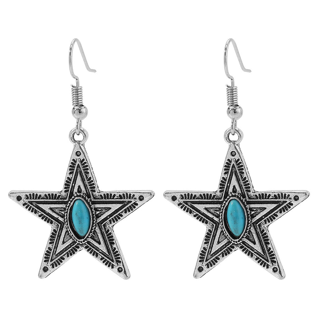 Western Turquoise Star Dangle Earrings, Vintage Silver Boho Drop Earrings, Cowgirl Jewelry Gift for Women