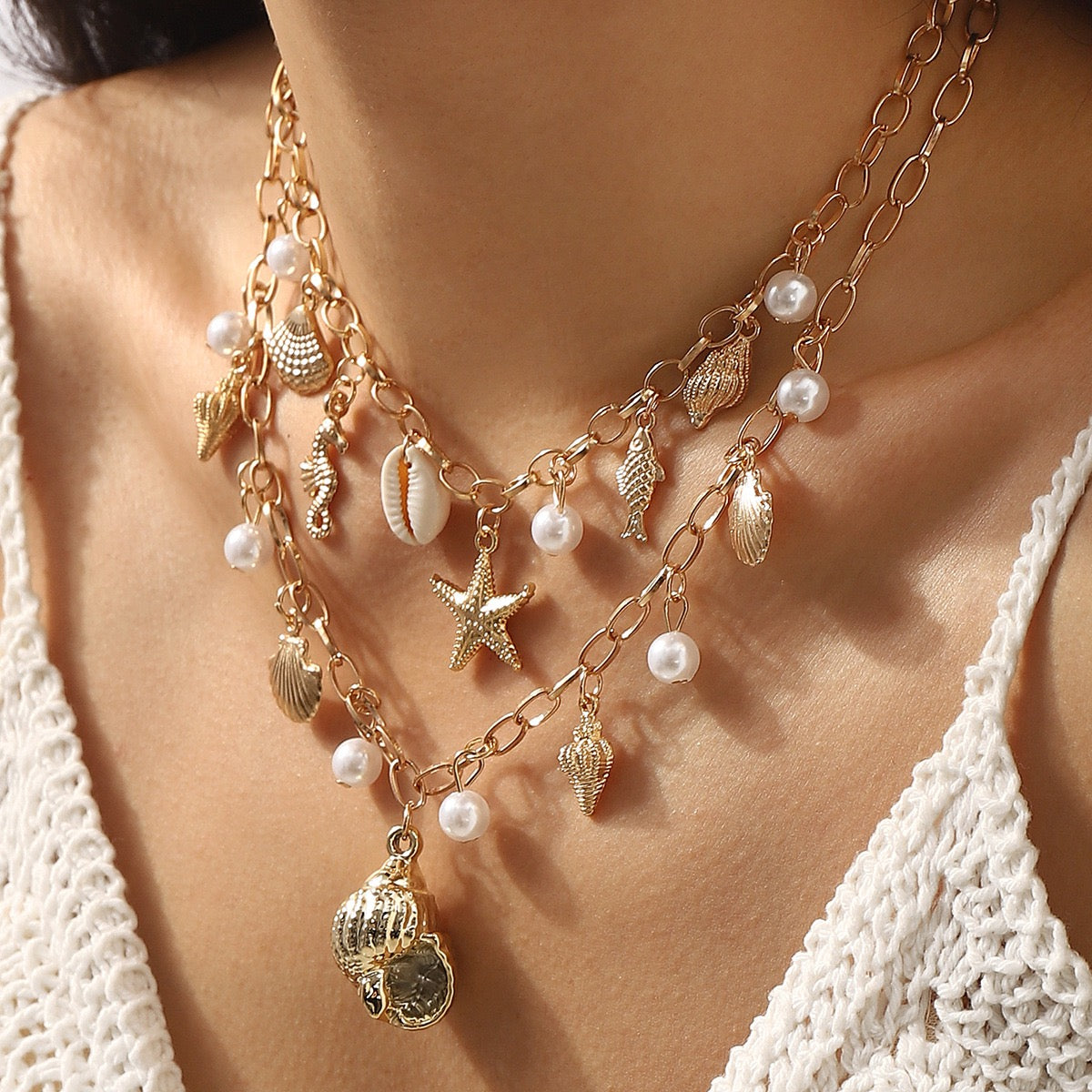 Gold Seashell Charm Layered Necklace, Coastal Beach Jewelry, Starfish Pearl Shell Pendant Necklace, Ocean Inspired Gift for Women