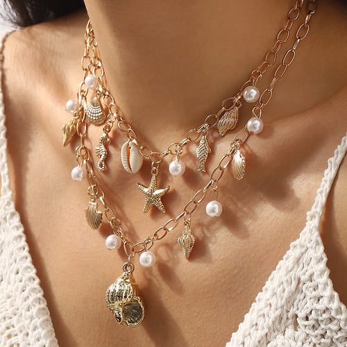 Gold Seashell Charm Layered Necklace, Coastal Beach Jewelry, Starfish Pearl Shell Pendant Necklace, Ocean Inspired Gift for Women