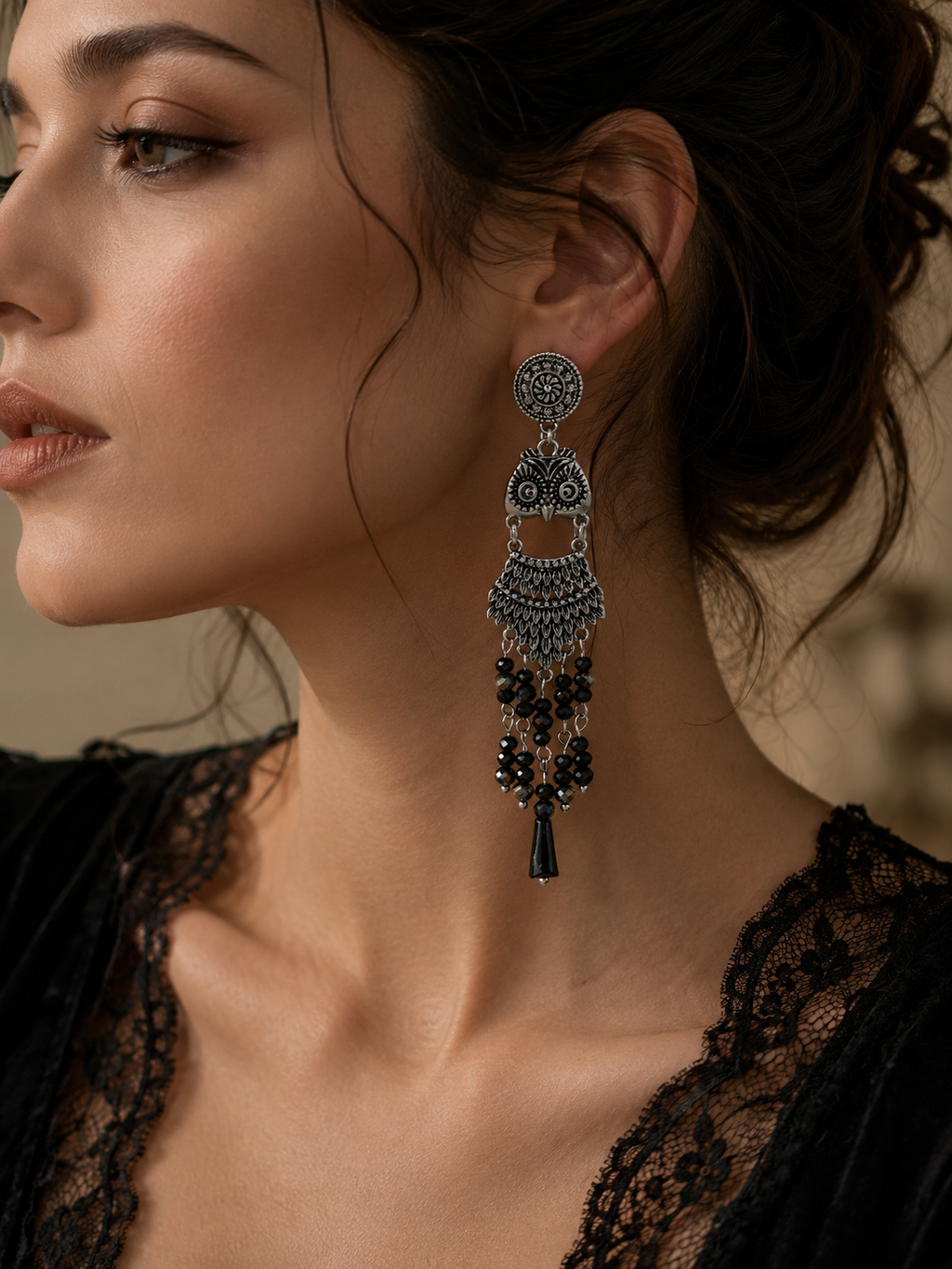 Owl Dangle Earrings, Vintage Silver Statement Earrings, Gothic Boho Tassel Earrings, Black Beaded Chandelier Earrings, Unique Gift for Womenjiu