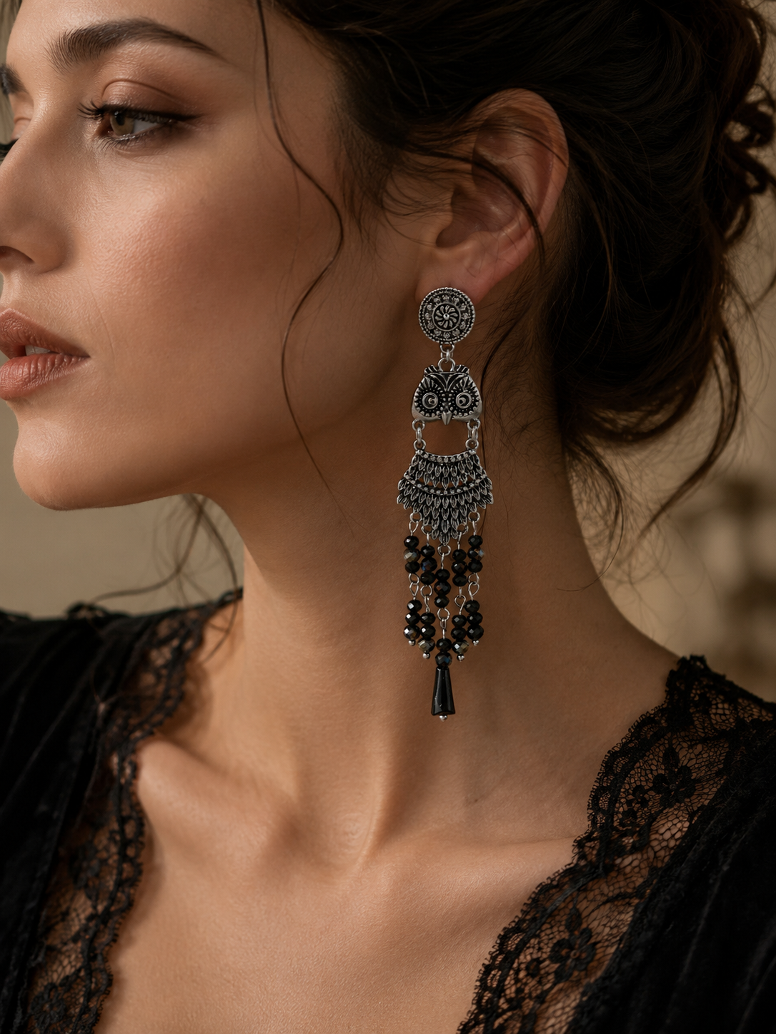 Owl Dangle Earrings, Vintage Silver Statement Earrings, Gothic Boho Tassel Earrings, Black Beaded Chandelier Earrings, Unique Gift for Womenjiu
