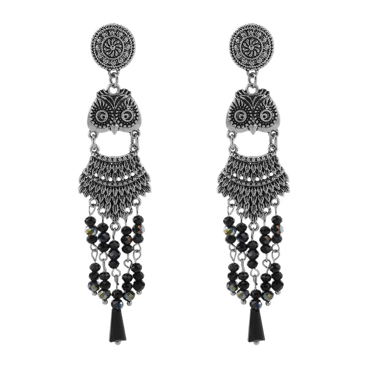 Owl Dangle Earrings, Vintage Silver Statement Earrings, Gothic Boho Tassel Earrings, Black Beaded Chandelier Earrings, Unique Gift for Womenjiu