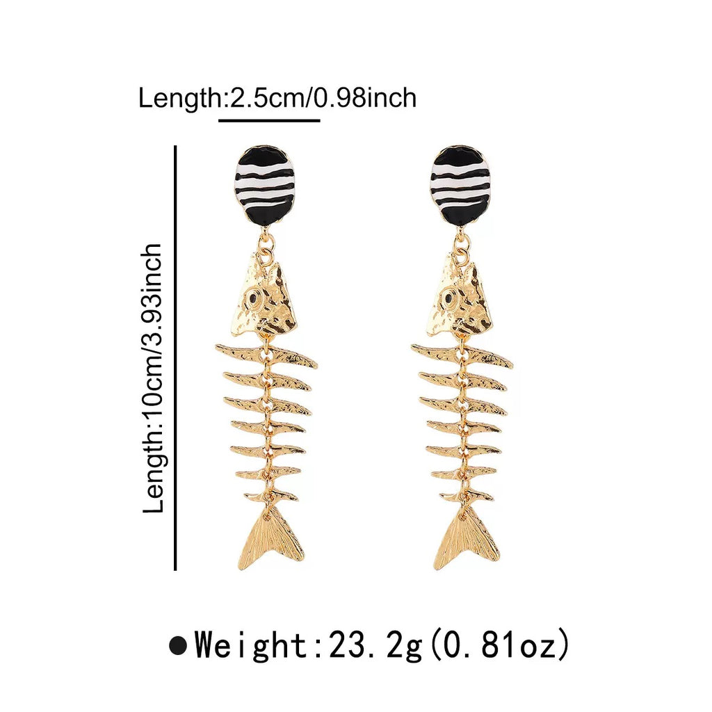 Gold Fishbone Dangle Earrings, Boho Statement Earrings, Black White Striped Stud Earrings, Coastal Beach Jewelry, Unique Gift for Women