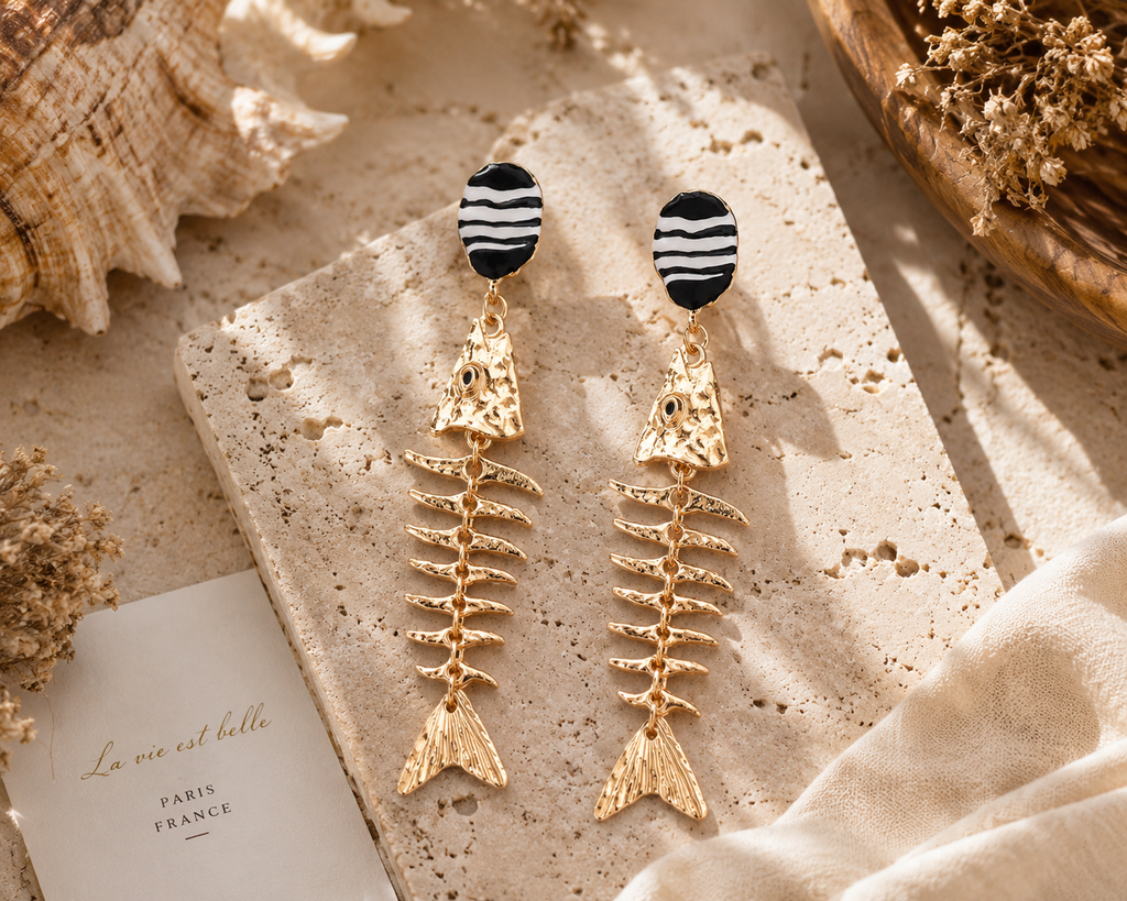 Gold Fishbone Dangle Earrings, Boho Statement Earrings, Black White Striped Stud Earrings, Coastal Beach Jewelry, Unique Gift for Women