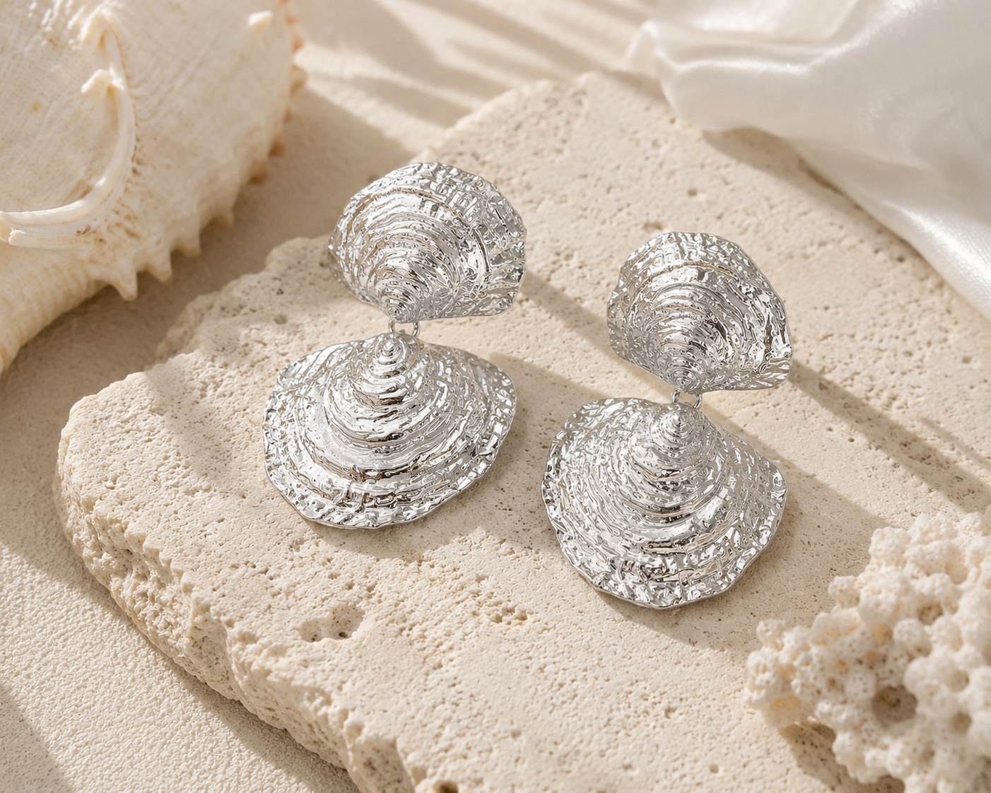 Gold Textured Shell Statement Earrings for Women | Vintage Ocean Inspired Jewelry