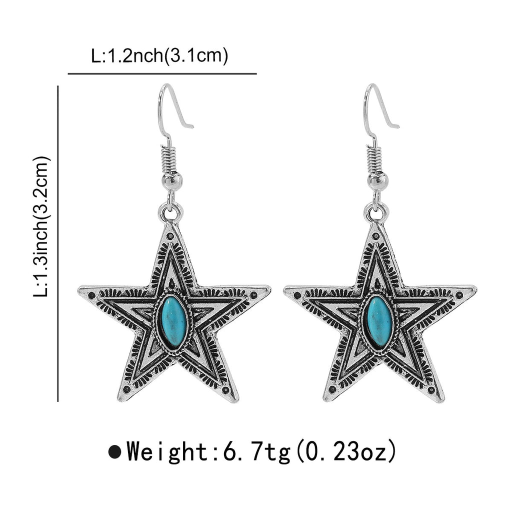 Western Turquoise Star Dangle Earrings, Vintage Silver Boho Drop Earrings, Cowgirl Jewelry Gift for Women