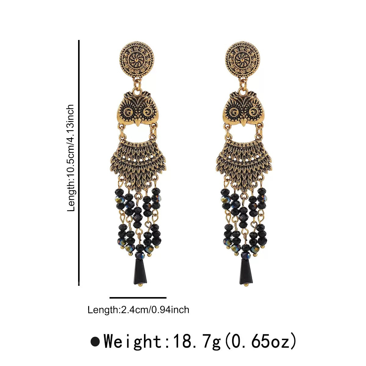 Owl Dangle Earrings, Vintage Silver Statement Earrings, Gothic Boho Tassel Earrings, Black Beaded Chandelier Earrings, Unique Gift for Womenjiu