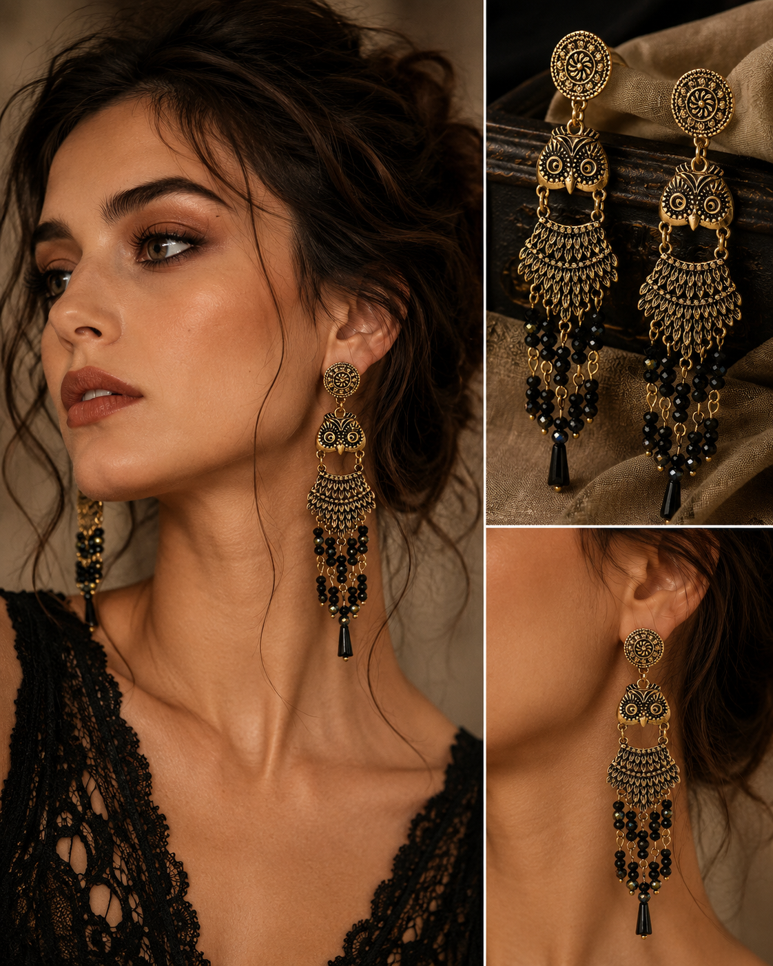 Owl Dangle Earrings, Vintage Silver Statement Earrings, Gothic Boho Tassel Earrings, Black Beaded Chandelier Earrings, Unique Gift for Womenjiu