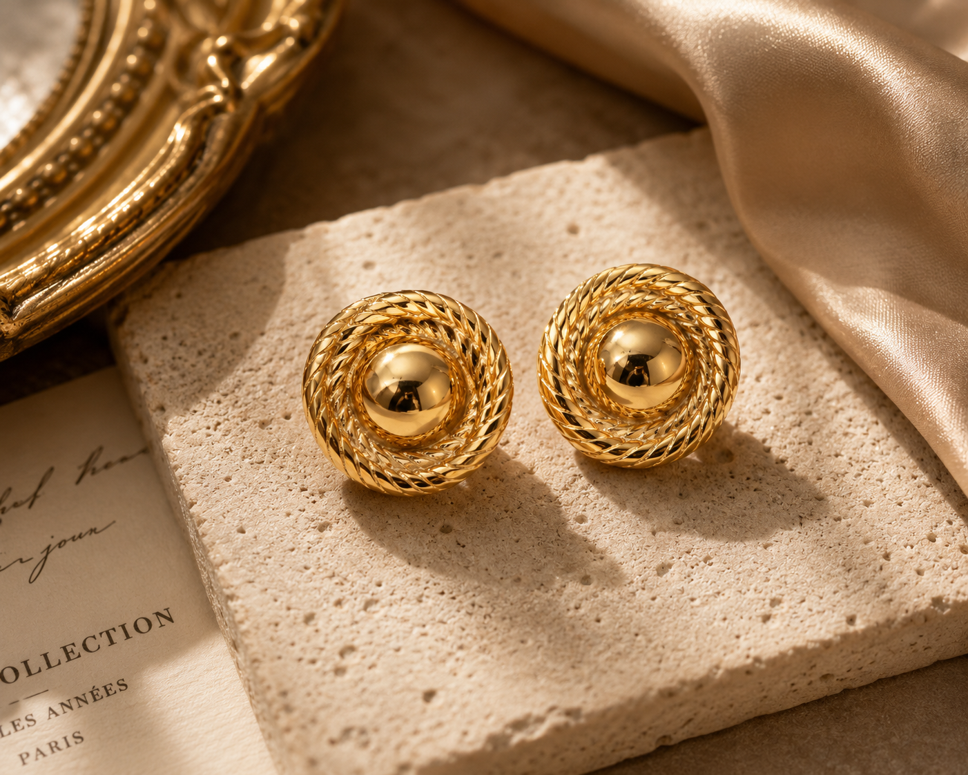 Vintage Gold Button Stud Earrings, Textured Rope Knot Earrings, Statement Gold Earrings, Retro Chunky Jewelry, Elegant Gift for Women