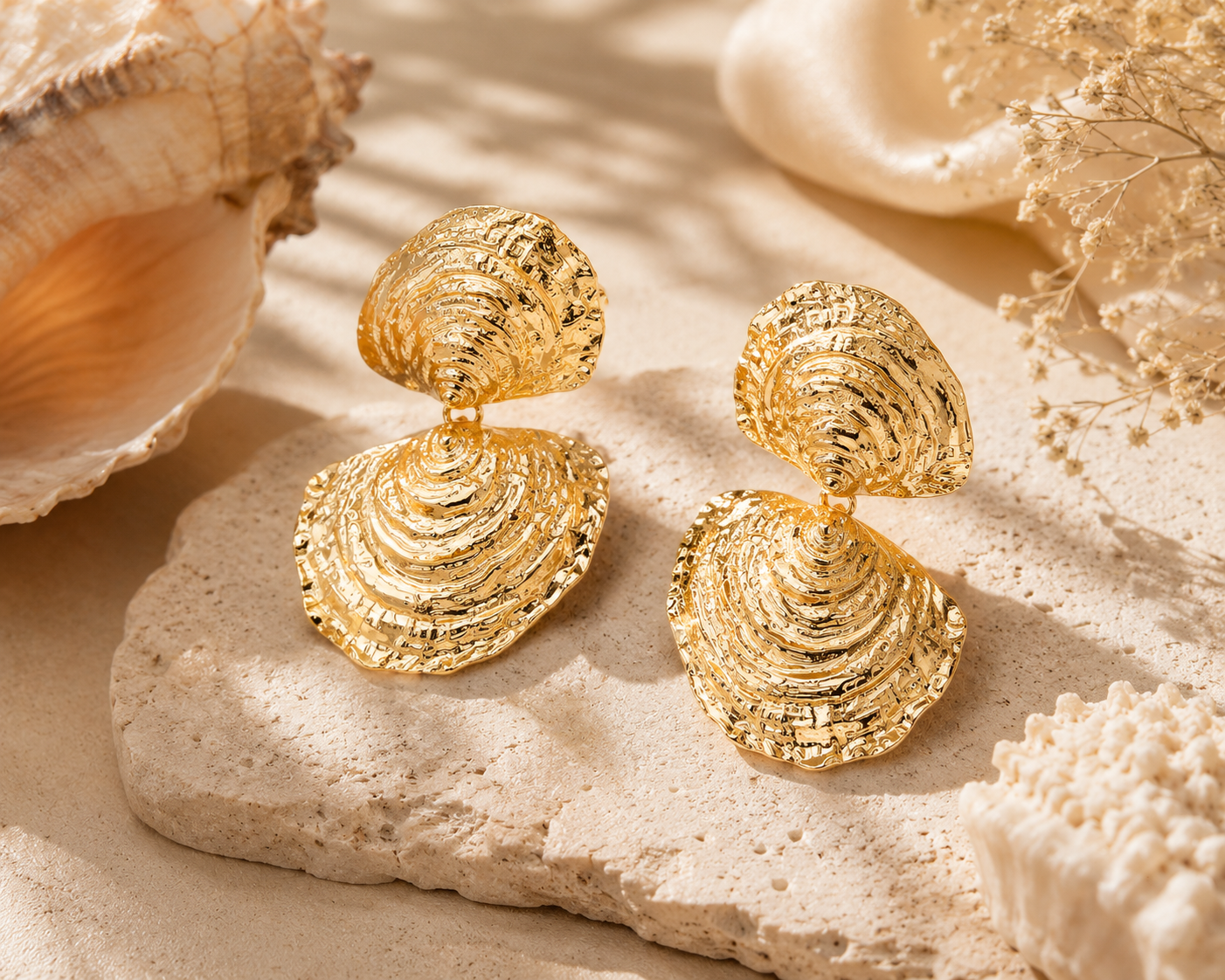 Gold Textured Shell Statement Earrings for Women | Vintage Ocean Inspired Jewelry