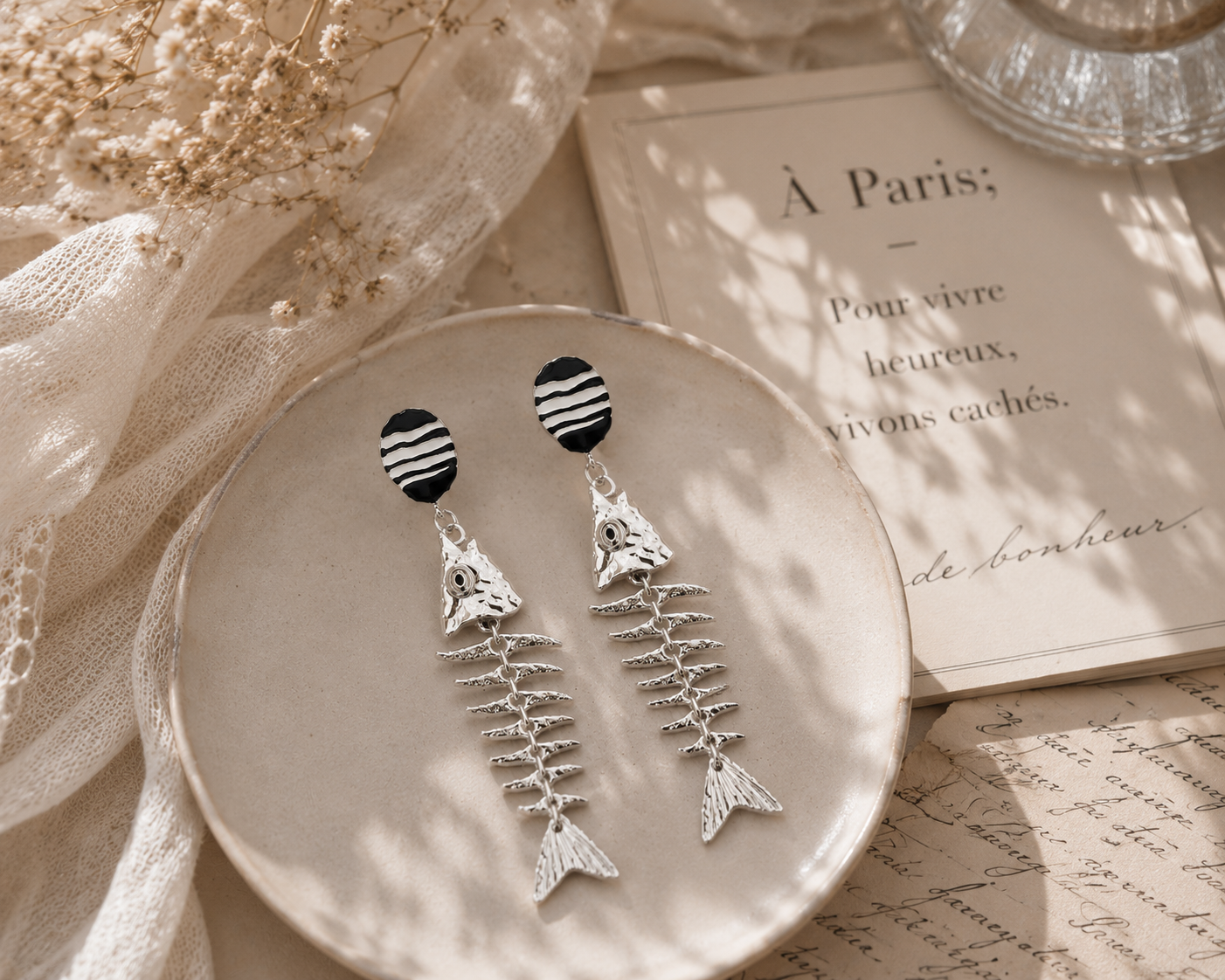 Gold Fishbone Dangle Earrings, Boho Statement Earrings, Black White Striped Stud Earrings, Coastal Beach Jewelry, Unique Gift for Women