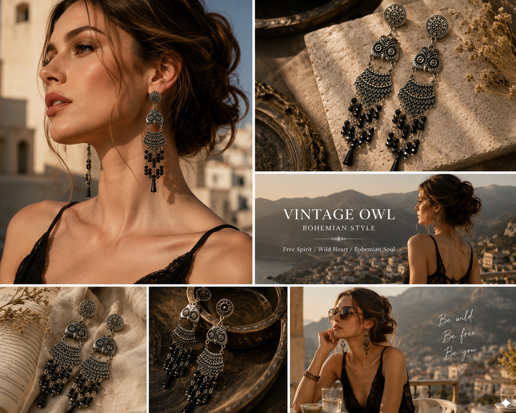 Owl Dangle Earrings, Vintage Silver Statement Earrings, Gothic Boho Tassel Earrings, Black Beaded Chandelier Earrings, Unique Gift for Womenjiu
