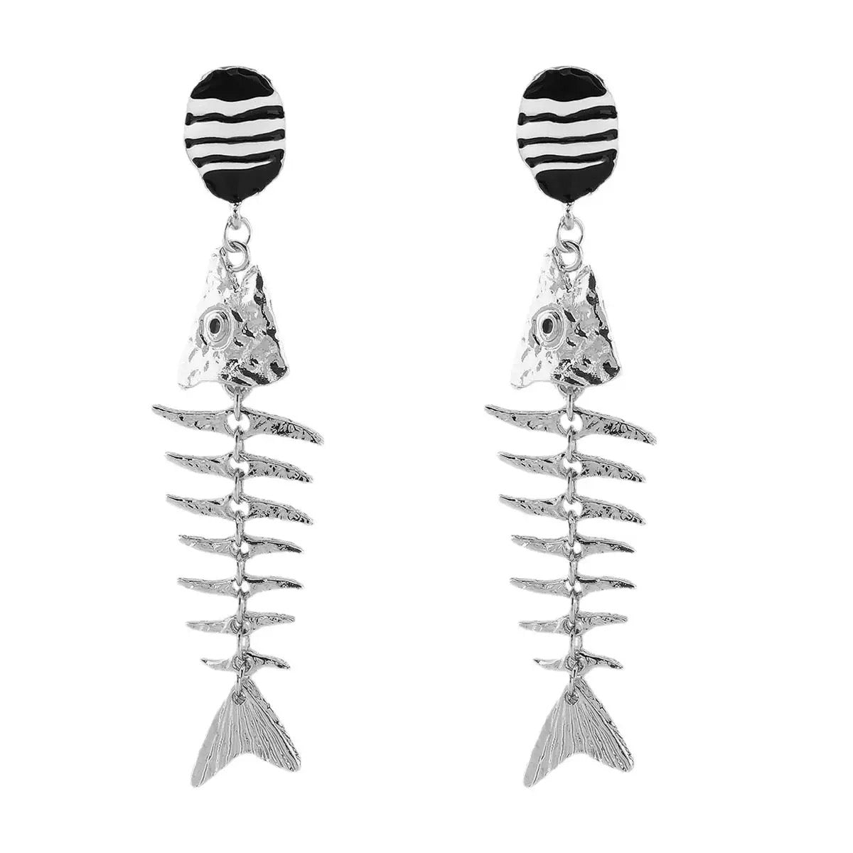 Gold Fishbone Dangle Earrings, Boho Statement Earrings, Black White Striped Stud Earrings, Coastal Beach Jewelry, Unique Gift for Women
