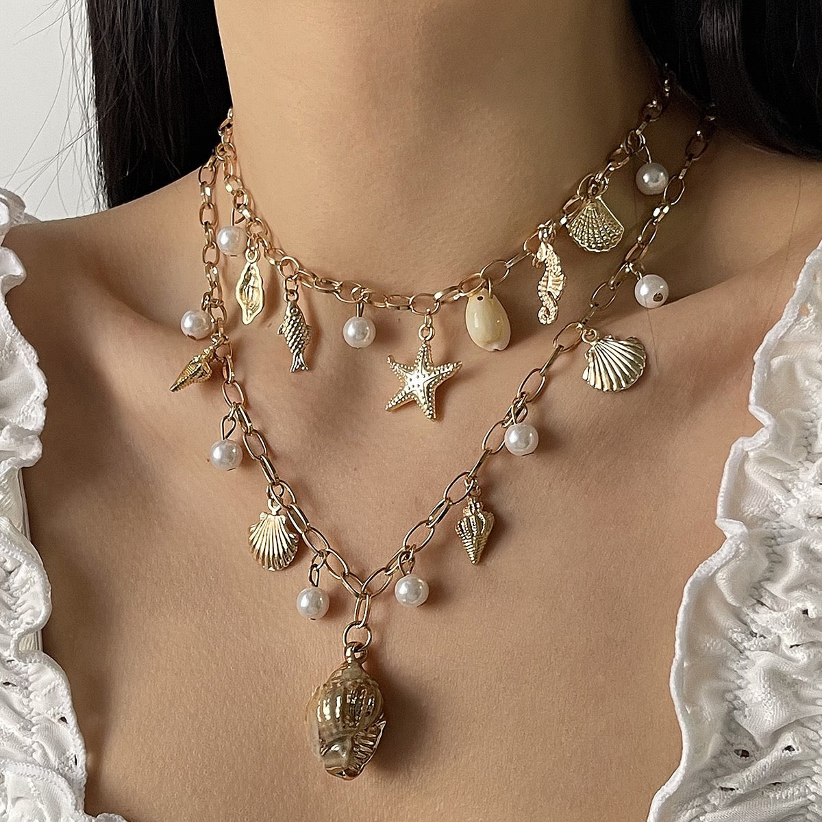 Gold Seashell Charm Layered Necklace, Coastal Beach Jewelry, Starfish Pearl Shell Pendant Necklace, Ocean Inspired Gift for Women
