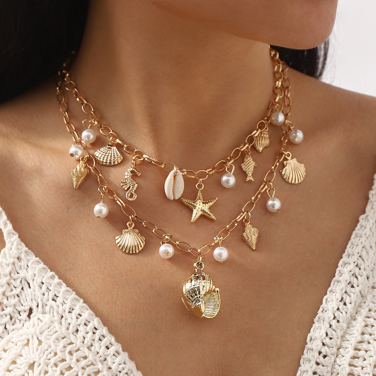 Gold Seashell Charm Layered Necklace, Coastal Beach Jewelry, Starfish Pearl Shell Pendant Necklace, Ocean Inspired Gift for Women